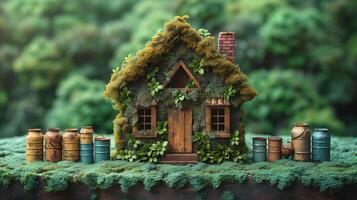 AI generated Miniature House Made of Barrels and Moss photo