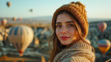 AI generated Woman in Hat and Sweater in Front of Hot Air Balloons photo