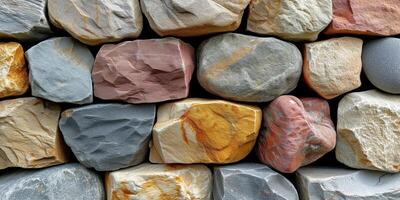 AI generated Close-up of multi-colored stones in a stone wall texture photo