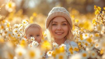 AI generated A mother with her baby in her arms standing among daisies. photo