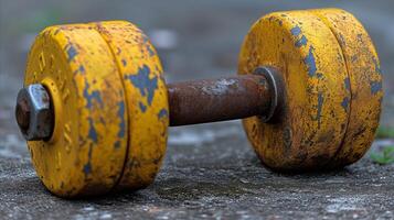 AI generated Worn-out yellow dumbbell on a rough surface expressing grit and determination photo