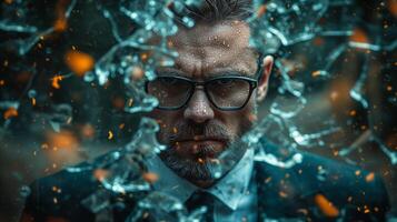 AI generated Focused businessman through shattered glass with dynamic abstract effects photo