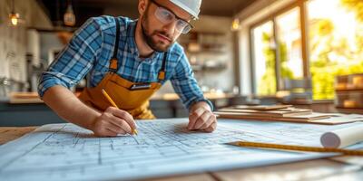 AI generated Focused architect designing blueprints at workplace with precision photo