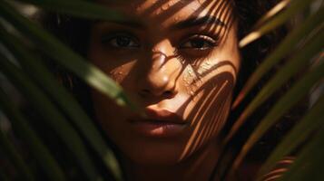 AI generated Close Up of Womans Face Behind Palm Leaf photo