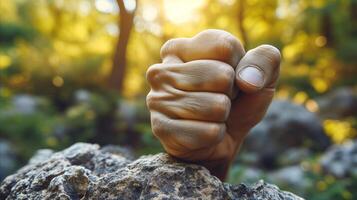 AI generated Close-up of determined fist against natural background symbolizing strength and perseverance photo