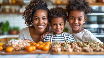AI generated Woman and Two Children Standing in Front of Food-filled Table photo