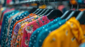 AI generated Vibrant clothing collection on hangers in a fashion store photo