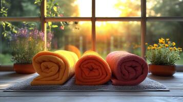 AI generated Serene spa setting with rolled towels and flowers by sunset photo