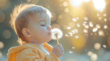 AI generated Little Boy Blowing Dandelion in the Sun photo