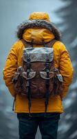 ai generado persona en amarillo chaqueta con mochila foto