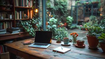 AI generated Laptop Computer on Wooden Table photo