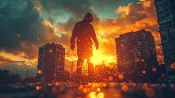 AI generated Man Standing in City at Sunset photo