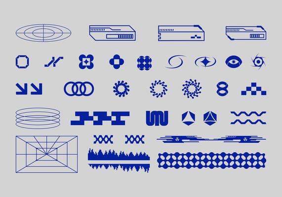 Futuristic abstract asset collection acid shape vector icon y2k Bundle HUD interface game technology separated editable