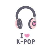 I love k-pop text with headphones and heart vector