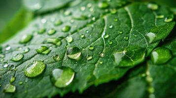 AI generated Close-up photo captures glistening drops on a green leaf, a moment of natural elegance, Ai Generated.