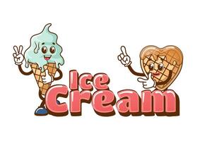 Ice cream sign and retro mascots in cartoon style. Funny retro style dessert mascot for cafe. vector