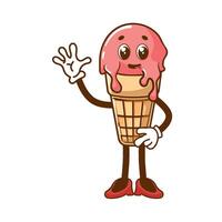 Retro mascot ice cream in cartoon style. Fun retro style dessert mascot for cafe. 70s nostalgia. Vector illustration