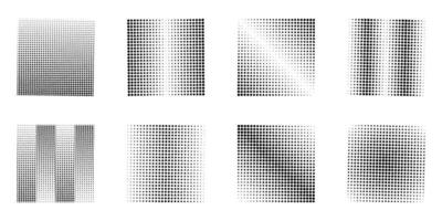 Set of square shaped halftone dots isolated on white background. Abstract dot squares, square halftones, gradient and pop art textures. Illustration of halftone gradient spots vector