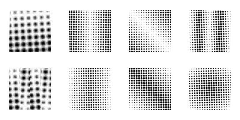 Set of square shaped halftone dots isolated on white background. Abstract dot squares, square halftones, gradient and pop art textures. Illustration of halftone gradient spots