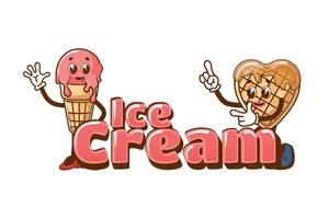 Ice cream sign and retro mascots in cartoon style.Ice cream and waffle. Funny dessert mascot in retro style for cafe. vector