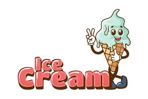 Ice cream cone in cartoon style, retro mascot. Funny retro style dessert mascot for cafe. vector