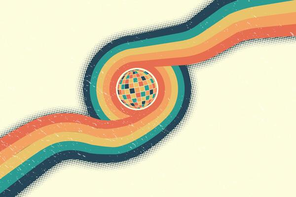 Disco ball and colorful ribbons. Groovy colors. Template for postcard, poster, banner. Clockwork elements in retro hippie style of 70s.