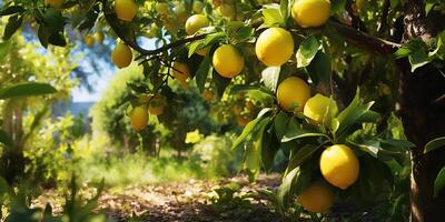 AI generated Ripe lemons growing on a lemon tree in the garden. Close-up of lemons and lemon trees in sunlight photo