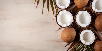 AI generated flat lay ripe coconuts and space for text. tropical fruit photo