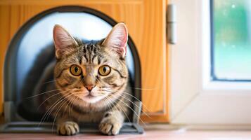 AI generated Cat confidently uses the cat flap, entering or exiting with ease, Ai Generated. photo