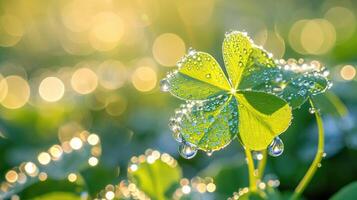 AI generated Close-up view of dew-covered four-leaf clover glistening under sunlight, Ai Generated. photo