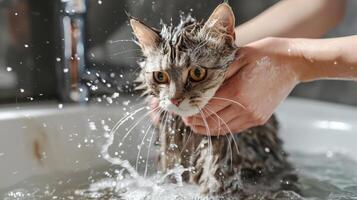 AI generated Funny wet cat gets a bath from a girl, a playful scene filled with feline antics, Ai Generated. photo