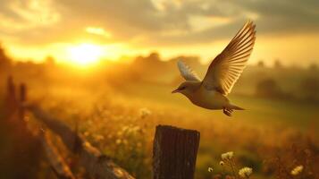 AI generated Graceful bird takes flight from a weathered perch, wings spread wide in freedom, Ai Generated. photo
