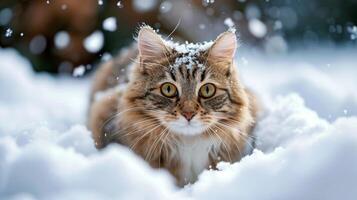 ai generado gato se sienta majestuosamente en el nieve, sus piel contrastando en contra el blanco paisaje, ai generado. foto