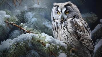 AI generated Boreal Owl embraces winter among frosted pines, a serene scene of snowy woodland, Ai Generated. photo