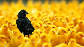 ai generado negro pájaro soportes en frente de un grande grupo de amarillo aves, un sorprendentes contraste, ai generado. foto