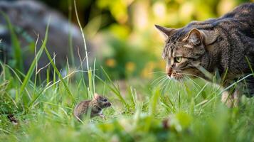 ai generado gato persecuciones un pequeño ratón en alto césped afuera, un clásico jardín escena, ai generado. foto