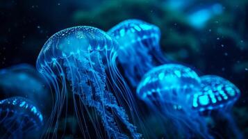 AI generated Bioluminescent blue and teal glowing jellyfish illuminate the underwater ocean, surrounded by marine life, Ai Generated. photo