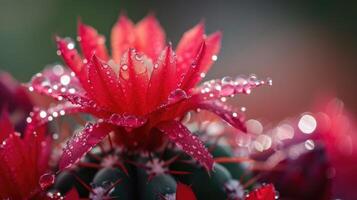 AI generated Vivid red cactus up close, adorned with sparkling water droplets, a stunning contrast, Ai Generated photo