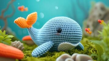 AI generated Crocheted whale toy vibrant backdrop, handcrafted and adorable, Ai Generated photo