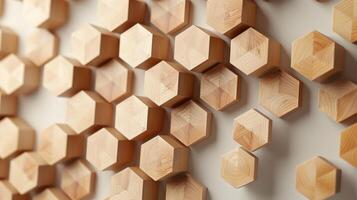 AI generated A geometric fall crafted from 3D wooden hexagons creates visual depth. Abstract, Ai Generated. photo