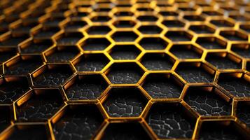 AI generated Abstract allure of a golden honeycomb on a black backdrop, radiating elegance and richness, Ai Generated. photo