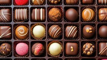 ai generado clasificado filas de delicioso chocolate dulces anidado en un encantador caja. tentador, ai generado. foto