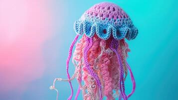 AI generated Crocheted jellyfish toy vibrant backdrop, handcrafted and adorable, Ai Generated photo