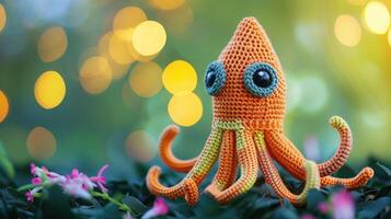 AI generated Crocheted squid toy vibrant backdrop, handcrafted and adorable, Ai Generated photo