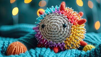AI generated Crocheted sea urchin toy vibrant backdrop, handcrafted and adorable, Ai Generated photo