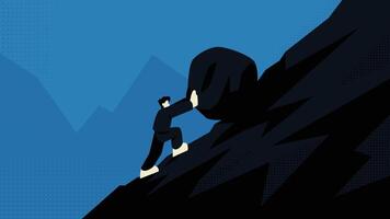 Attempt an Uphill Task, Businessman Pushing a Rock up a Mountain Flat Vector Illustration Concept