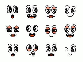 Set of groovy comic faces. Cartoon character faces with different emotion, happy, playful, funny, cute. Vector illustration