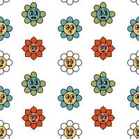 Groovy retro hippie flower seamless pattern. Cartoon flower, daisy with cute funny faces characters background. Vector illustration