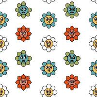 Groovy retro hippie flower seamless pattern. Cartoon flower, daisy with cute funny faces characters background. Vector illustration