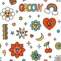 Groovy retro hippie elements seamless pattern. Cartoon rainbow, flower, daisy with cute funny faces characters background. Vector illustration